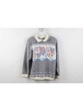 Vtg 90s Fairy Kei Kawaii Collared Sweater Womens Size S Flower Heart Knit USA